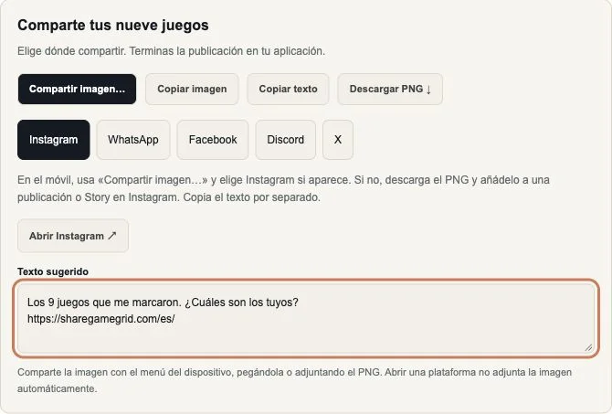 Panel Compartir mi cuadrícula con descarga, copia de imagen y opciones de Instagram, WhatsApp, Facebook, Discord y X