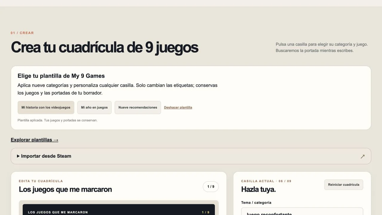 Selector de plantillas en español con Mi historia con los videojuegos, Mi año en juegos y Nueve recomendaciones