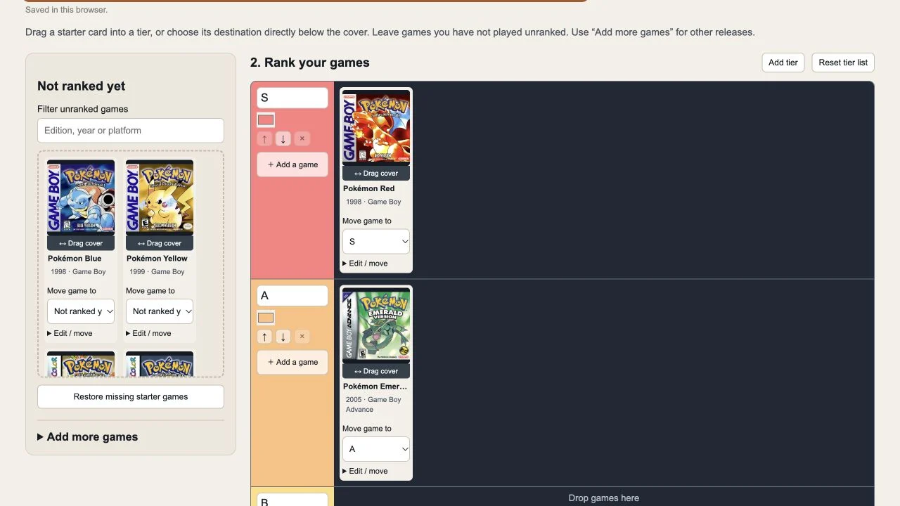 Pokémon game tier list editor with visible destination selectors below the covers