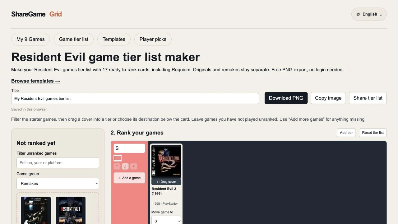 Resident Evil editor with real game artwork, filter controls and tier destination selectors